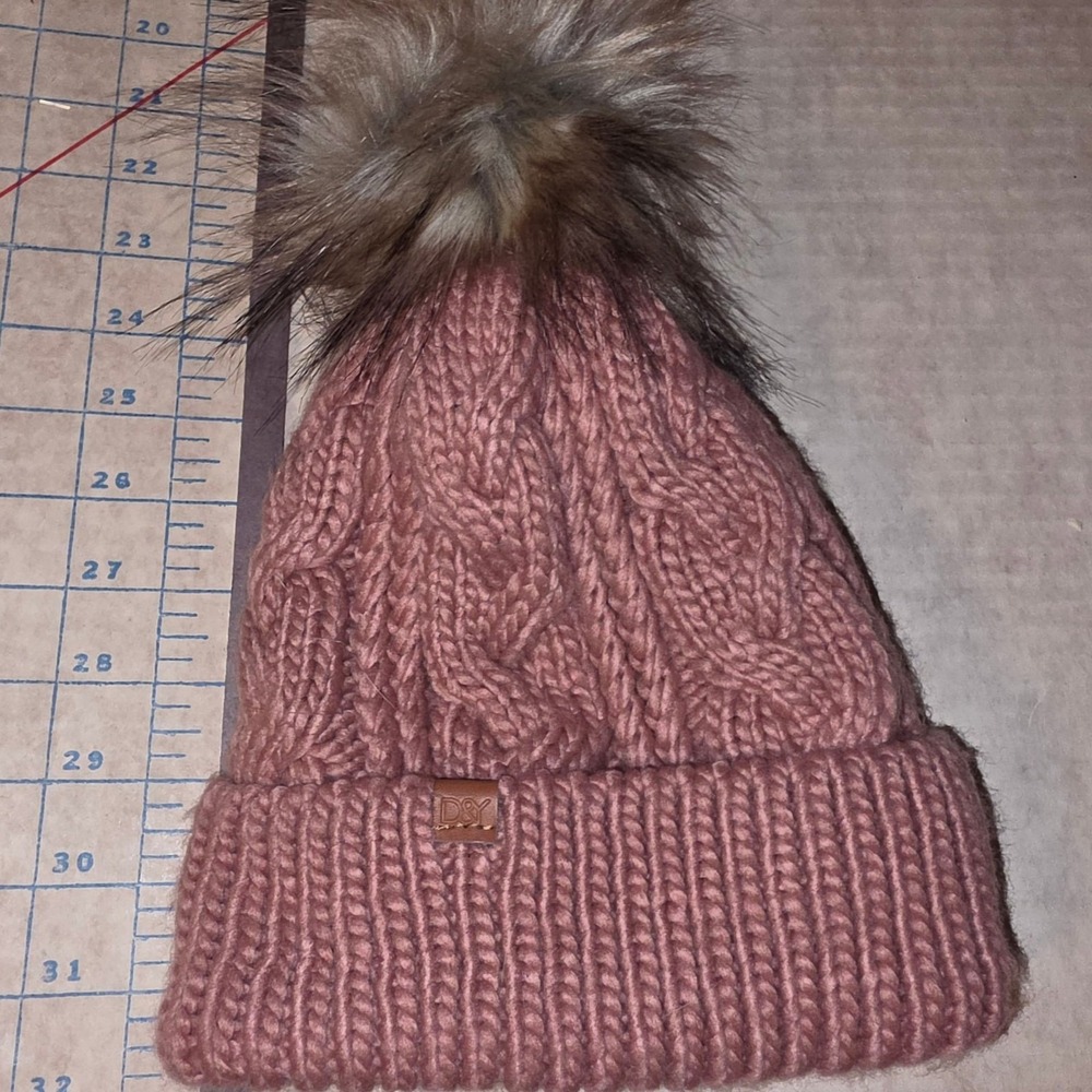 David and Young Pink Cable Knit Beanie with Faux Fur Pom Pom